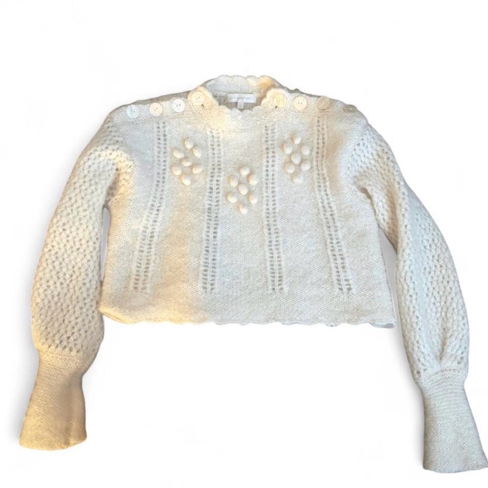 LoveShackFancy Cream Knit Cropped Sweater with Pom-Cluster Detail